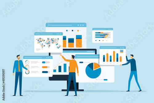 business team analytics and monitoring on web report dashboard monitor concept and flat vector illustration design data analytics research for business finance planning.