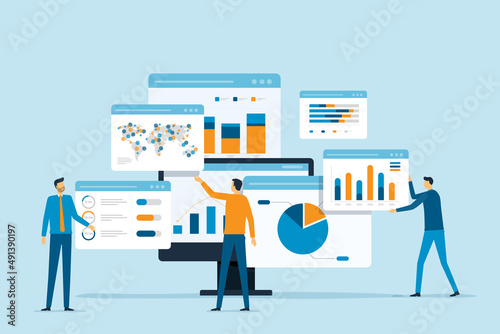 business team analytics and monitoring on web report dashboard monitor concept and flat vector illustration design data analytics research for business finance planning. photo