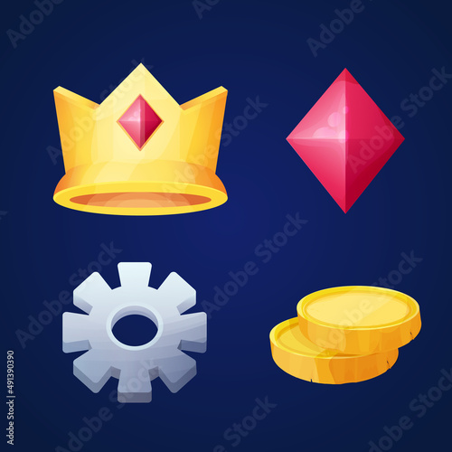 Set game icons medieval golden crown, setting symbol and coins and crystal in cartoon style isolated on white background. Collection menu objects, royal elements.