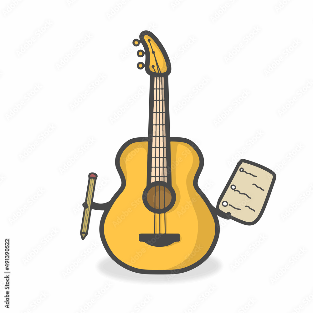 Obraz premium Guitar Cute Character Flat Cartoon Vector Design Illustration