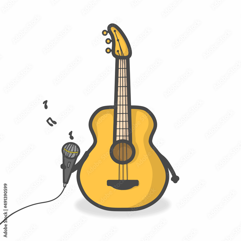Fototapeta premium Guitar Cute Character Flat Cartoon Vector Design Illustration