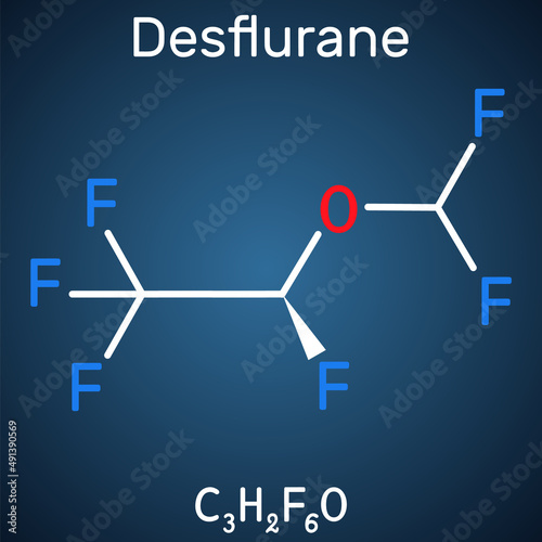 Desflurane molecule. It is organofluorine compound, inhalation anaesthetic. Structural chemical formula on the dark blue background. Vector illustration