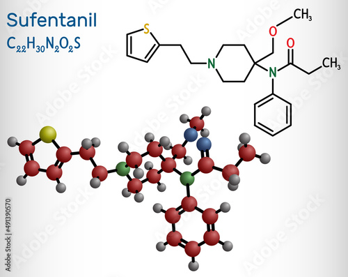 Sufentanil molecule. It is opioid analgesic, anesthetic agent, used to treat severe, acute pain. Structural chemical formula and molecule model.