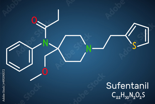 Sufentanil molecule. It is opioid analgesic, anesthetic agent, used to treat severe, acute pain. Structural chemical formula on the dark blue background.
