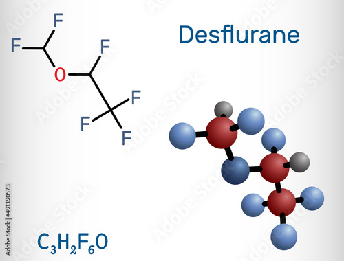 Desflurane molecule. It is organofluorine compound, inhalation anaesthetic. Structural chemical formula and molecule model