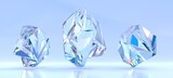 Crystal gems, transparent jewel mineral stone isolated on blue background. Iridescent precious gemstones, diamond, sapphire or quartz with refraction light in glass. Realistic 3d render set