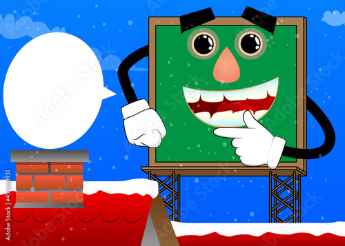 Billboard holding finger under his mouth, thinking. Cute cartoon advertisement sign, banner character.