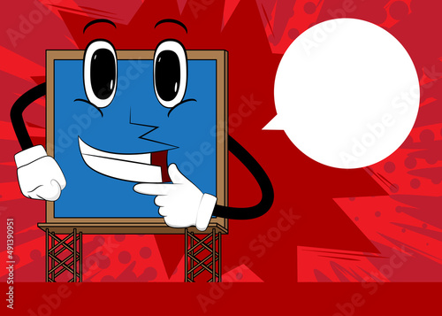 Billboard holding finger under his mouth, thinking. Cute cartoon advertisement sign, banner character.
