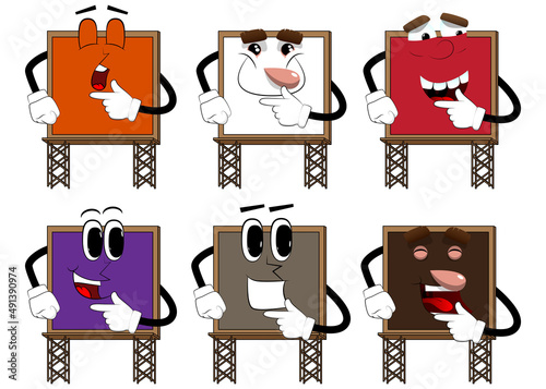 Billboard holding finger under his mouth, thinking. Cute cartoon advertisement sign, banner character.