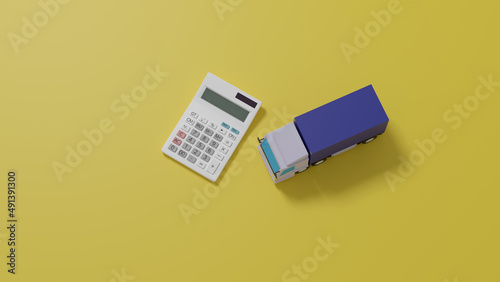 平面上に置かれたトラックのおもちゃと電卓のCGによるフォトリアルなイラスト