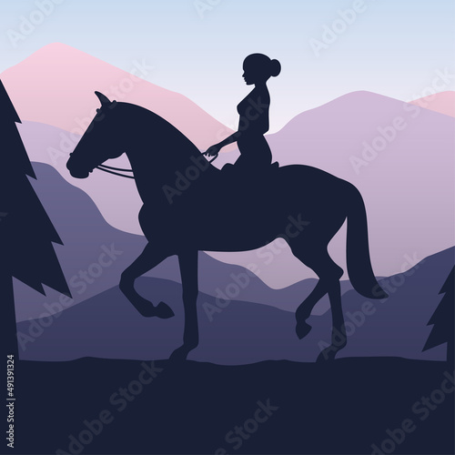 Vector silhouette of a woman riding a horse through the countryside