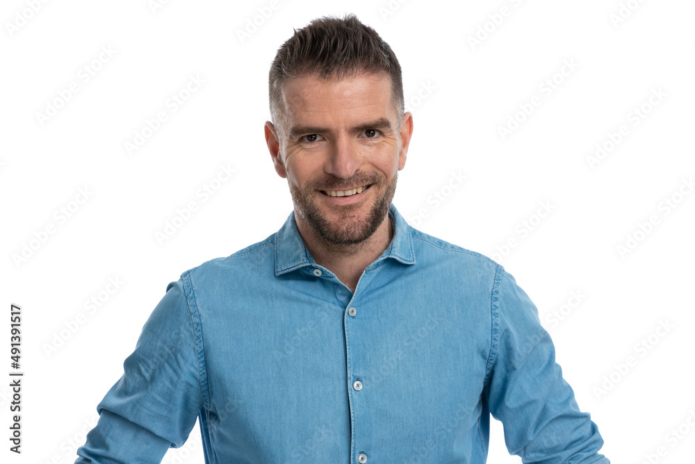portrait of grizzled casual guy with beard smiling portrait of grizzled casual guy with beard smiling