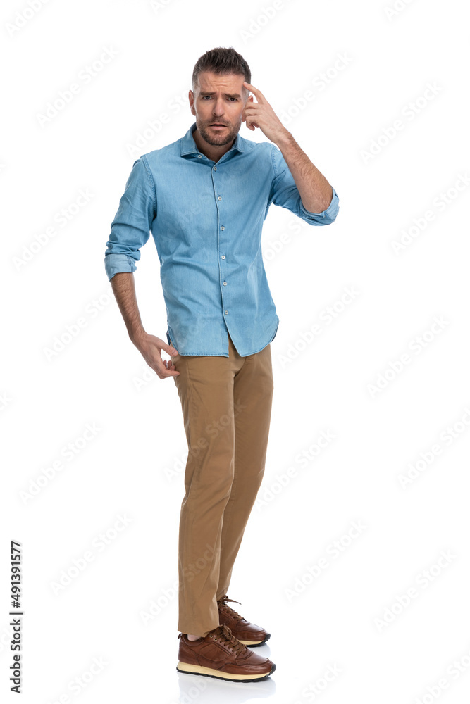 attractive bearded guy pointing finger to head and making a face attractive bearded guy pointing finger to head and making a face