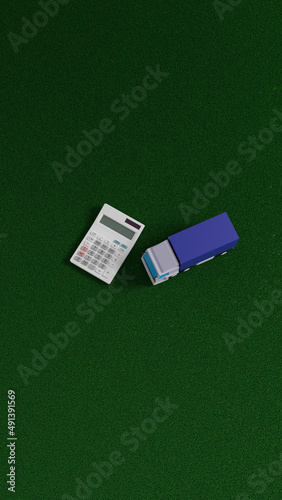 平面上に置かれたトラックのおもちゃと電卓のCGによるフォトリアルなイラスト