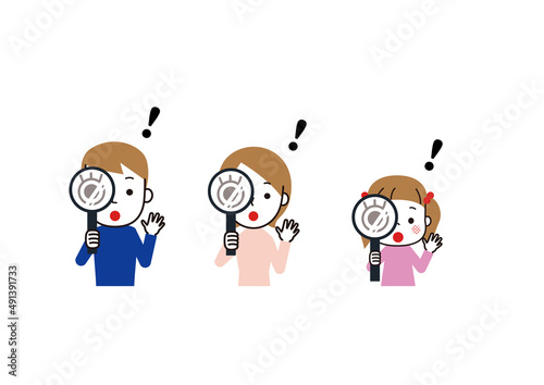 虫眼鏡をもってびっくりしている三人家族