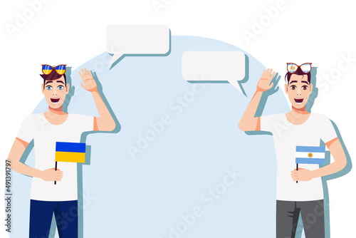 Men with Ukrainian and Argentine flags. The concept of international communication, education, sports, travel, business. Dialogue between Ukraine and Argentina. Vector illustration.