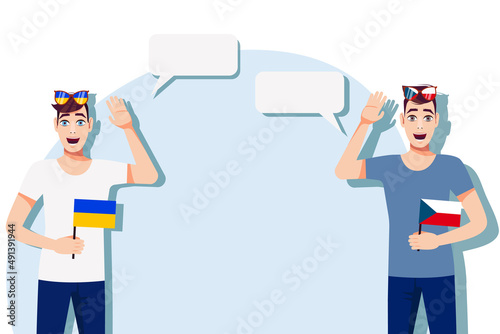 The concept of international communication, sports, education, business between Ukraine and Czech. Men with Ukrainian and Czech flags. Vector illustration.