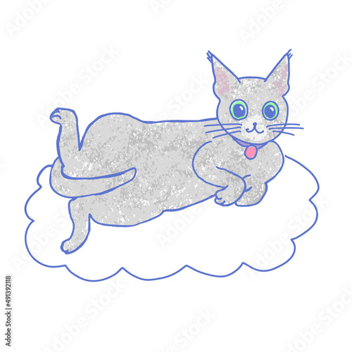 雲に乗って楽しいポーズをとっているグレーのネコのイラスト