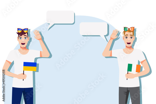Men with Ukrainian and Irish flags. The concept of international communication, education, sports, travel, business. Dialogue between Ukraine and Ireland. Vector illustration.
