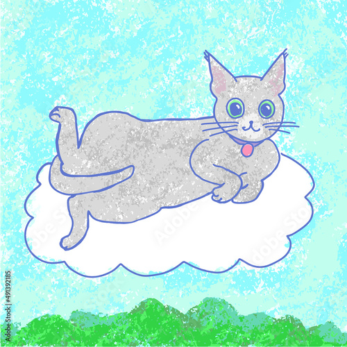 山脈を背景に、青い空に浮かんだ雲に乗って楽しいポーズをとっているグレーのネコのイラストレーション