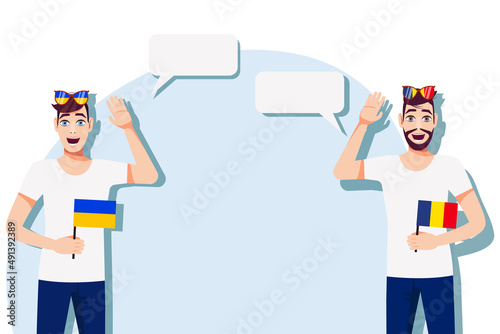 Men with Ukrainian and Romanian flags. Background for the text. The concept of sports, political, education, travel and business relations between Ukraine and Romania. Vector illustration.