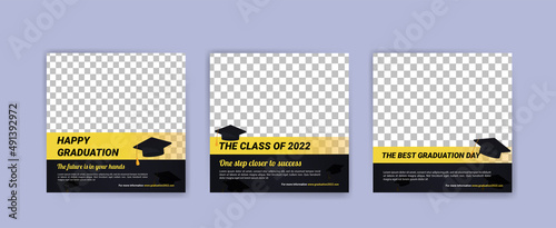 Photo booth props frame for graduation party. Selfie concept. Frame with hats for graduates. Congratulate graduate quotes.