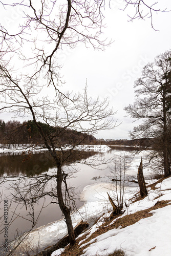River bank in the park in winter with snow