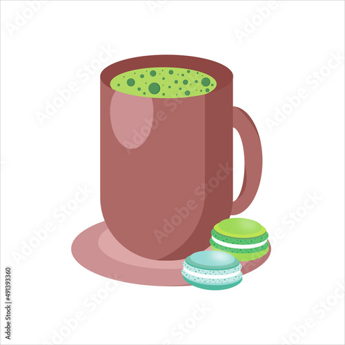 Cup of matcha tea with color macaroons isolated on white background. Template for card, postcard, banner, poster, background, invitation, greeting. Vector illustration in flat style