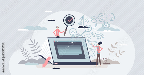 Knowledge base and electronic information research tiny person concept. Digital info for education and studying vector illustration. E-book literature Internet page with training or study support.