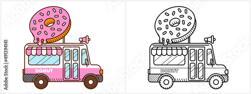 Donut van coloring page for kids. Food truck