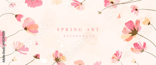 Spring season on warm tone watercolor background. Floral and botanical wallpaper with blooms, wild flowers in watercolor texture. Blossom garden graphic design for banner, cover, decoration, poster.