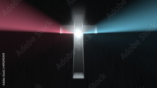 Divine Mercy, washing away our sins. Merciful Jesus Christ red and blue rays glowing from cross. photo