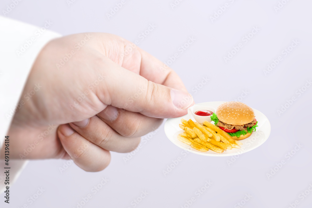 Very small portion of fried potatoes and hamburger. Miniature plate with fast food in hand.