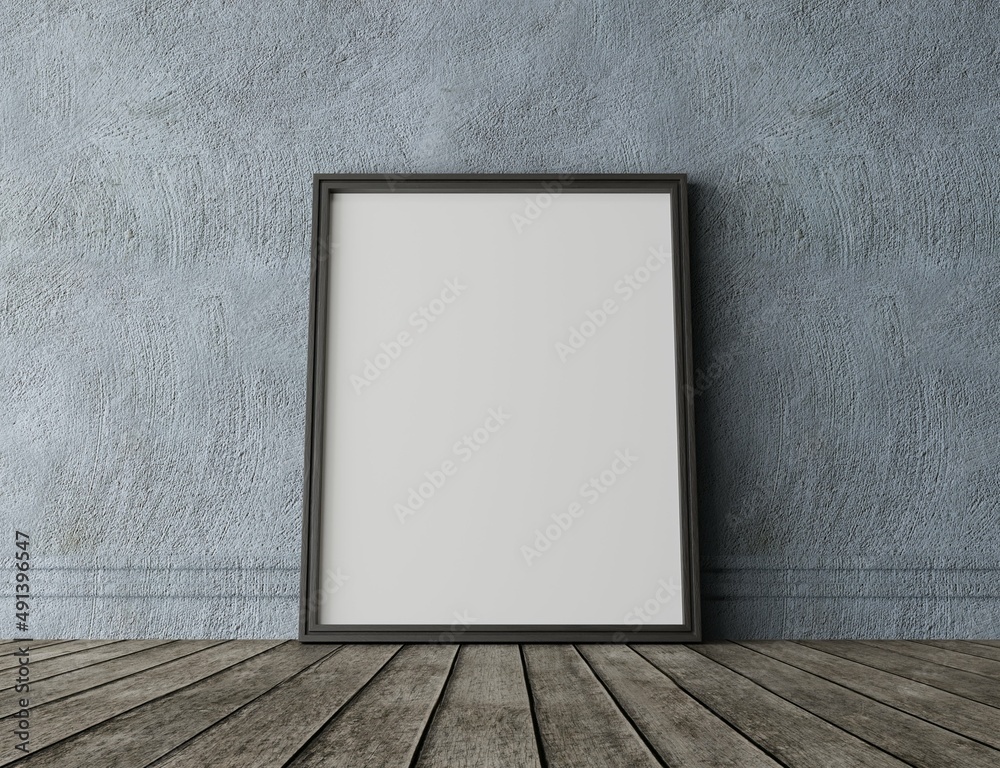 vertical wood frame mock up. Wooden frame poster on wooden floor with colorful wall. Landscape frame 3d illustrations. vertical wood frame mock up. Wooden frame poster on wooden floor with colorful wall. Landscape frame 3d illustrations.
