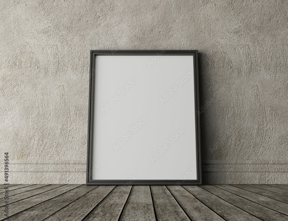 vertical wood frame mock up. Wooden frame poster on wooden floor with colorful wall. Landscape frame 3d illustrations. vertical wood frame mock up. Wooden frame poster on wooden floor with colorful wall. Landscape frame 3d illustrations.