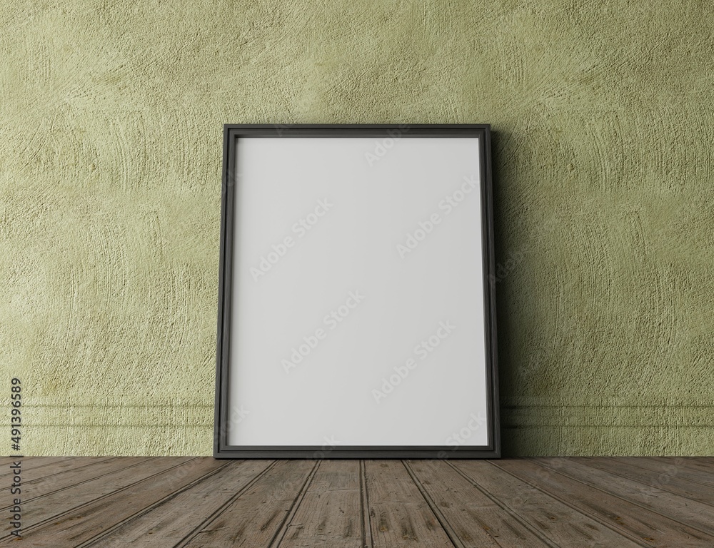 vertical wood frame mock up. Wooden frame poster on wooden floor with colorful wall. Landscape frame 3d illustrations. vertical wood frame mock up. Wooden frame poster on wooden floor with colorful wall. Landscape frame 3d illustrations.