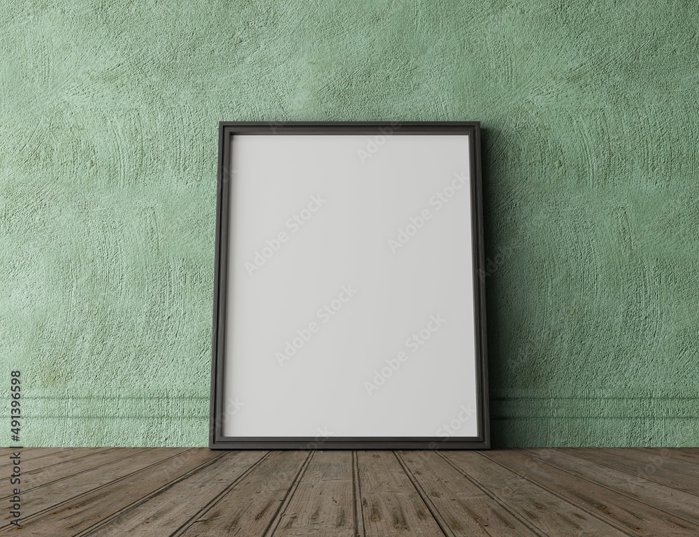 vertical wood frame mock up. Wooden frame poster on wooden floor with colorful wall. Landscape frame 3d illustrations.