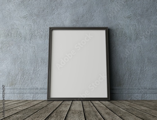 vertical wood frame mock up. Wooden frame poster on wooden floor with colorful wall. Landscape frame 3d illustrations.