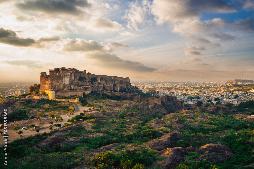view of mehrangarh fort from singhoria hill in Jodhpur, Rajasthan, India