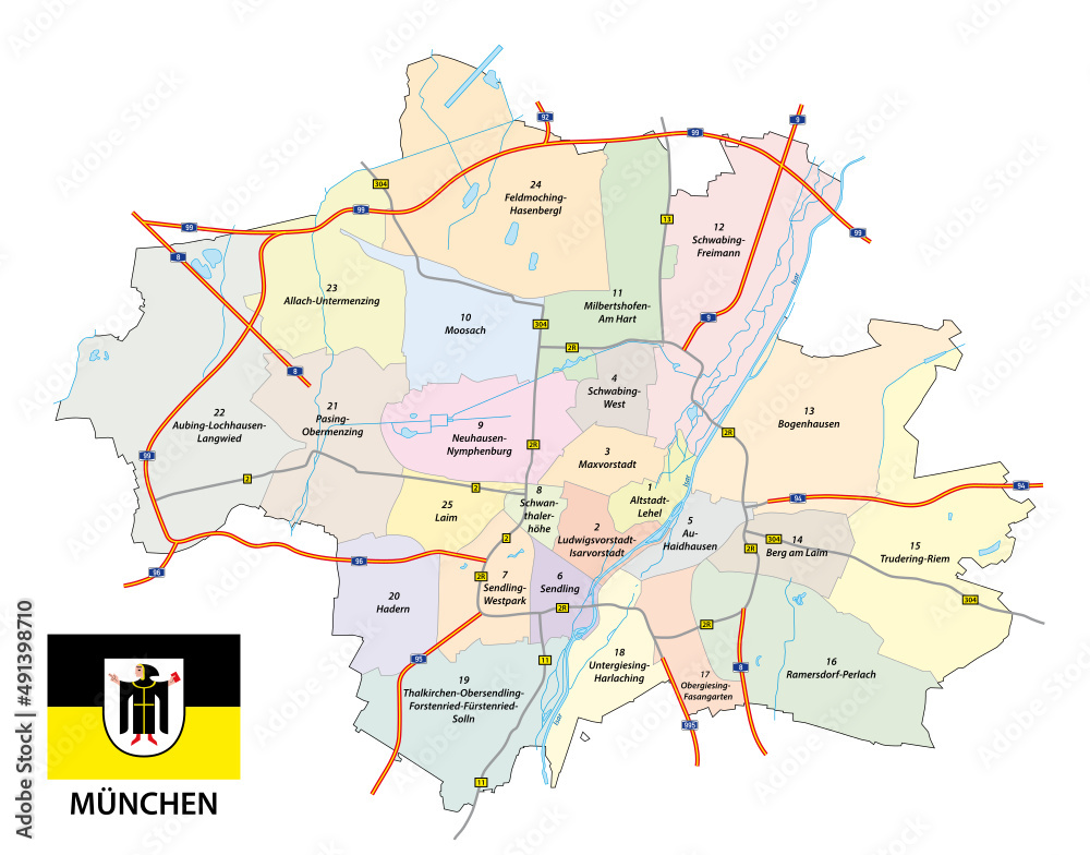 Obraz premium road and administrative map of the bavarian capital munich 