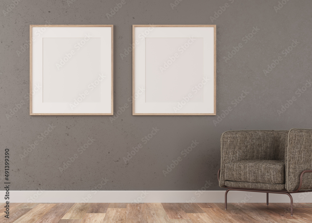 Empty room with a picture frame. two blank canvases, for a living room. Front view.Decorated with an armchair on the right side of the scene. light parquet Empty room with a picture frame. two blank canvases, for a living room. Front view.Decorated with an armchair on the right side of the scene. light parquet
