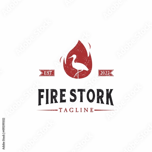 fire stork logo design retro hipster vintage. stork rustic grunge logo 