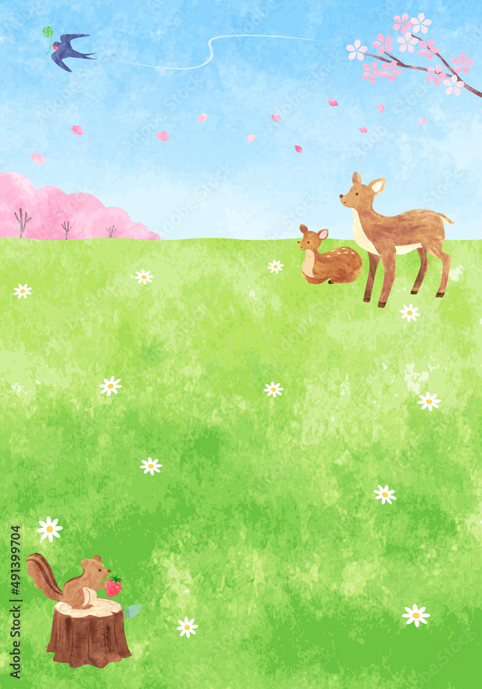 Naklejka premium 手描き水彩 春の野原にいる可愛い動物たちの背景イラスト（縦長） 03