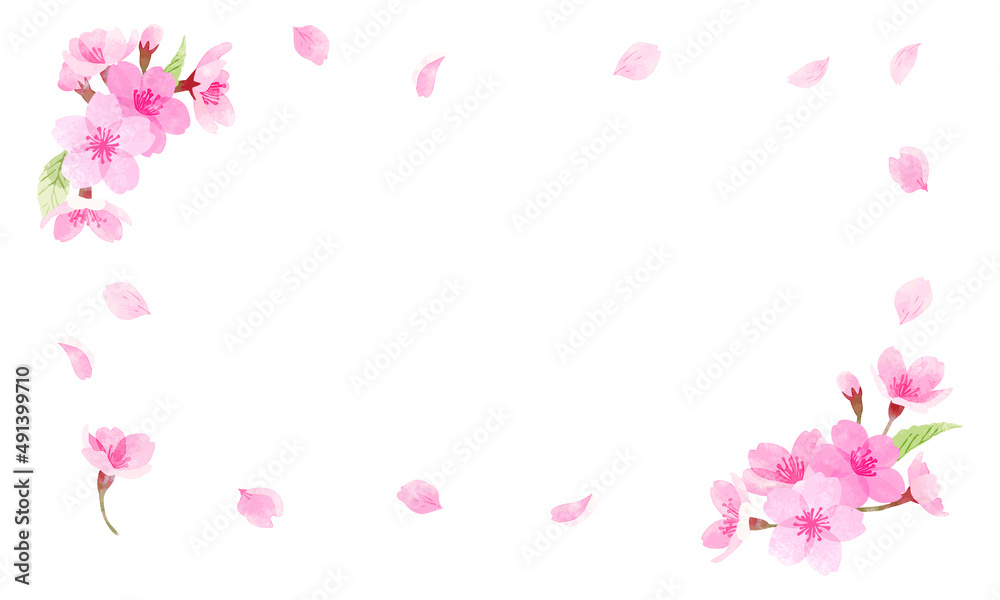手描き水彩　桜のフレーム　横長