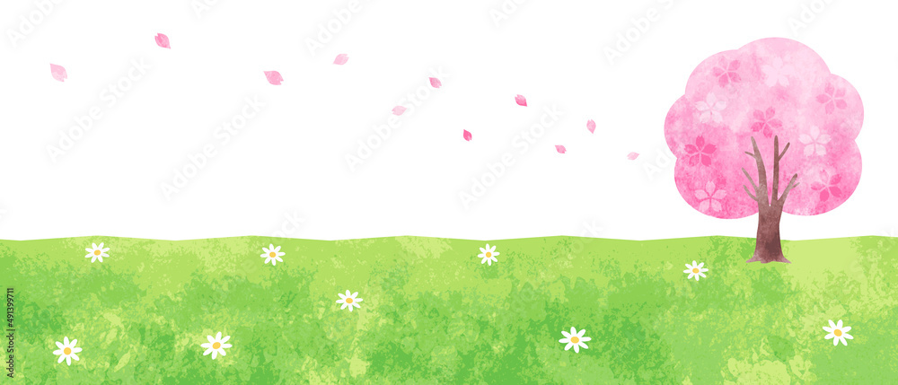 手描き水彩 桜の木と野原の背景イラスト Stock Vector Adobe Stock