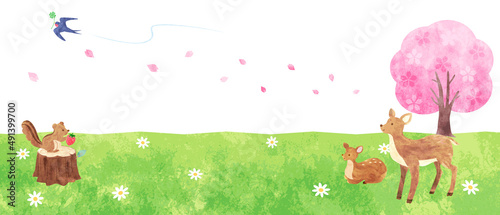 手描き水彩　春の野原にいる可愛い動物たちの背景イラスト（横長）　02