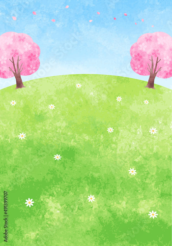 手描き水彩　桜の木と野原と空の背景イラスト（縦長）　