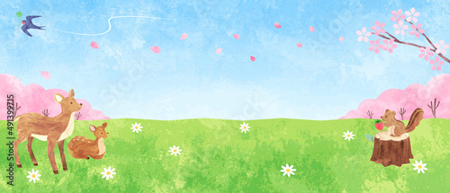 手描き水彩　春の野原にいる可愛い動物たちの背景イラスト（横長）　03