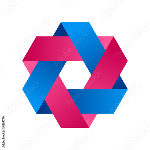 Colorful hexagonal geometric logo template. Abstract shape made of two triangles. Blue and purple color gradient. Intertwined ribbon symbol. Six pointed star icon. Vector illustration, flat, clip art