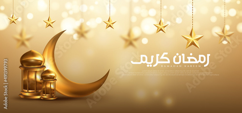 Luxury ramadan kareem greeting background with crescent moon, gold stars and lantern